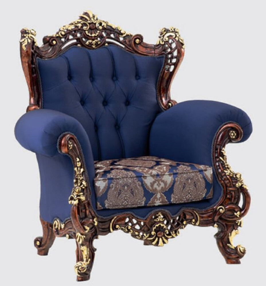 Casa Padrino Luxus Barock Sessel Blau / Dunkelbraun / Gold 110 x 95 x H. 121 cm - Prunkvoller Wohnzimmer Sessel mit elegantem Muster - Barock Möbel Bild 1