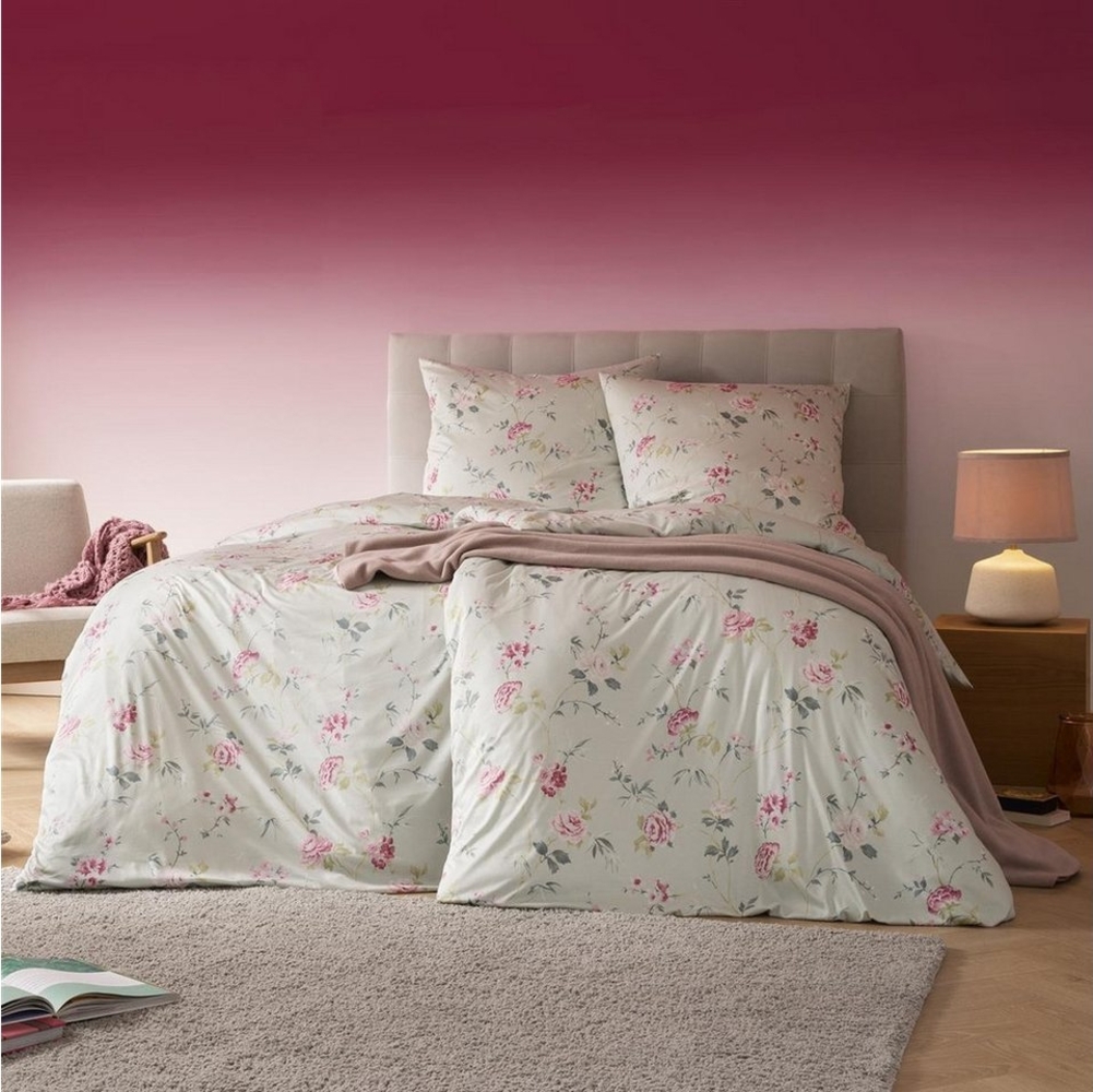 Estella Mako Jersey Bettwäsche 155x220 Emilie mint Rosen Blüten rosa 6272-520 Bild 1