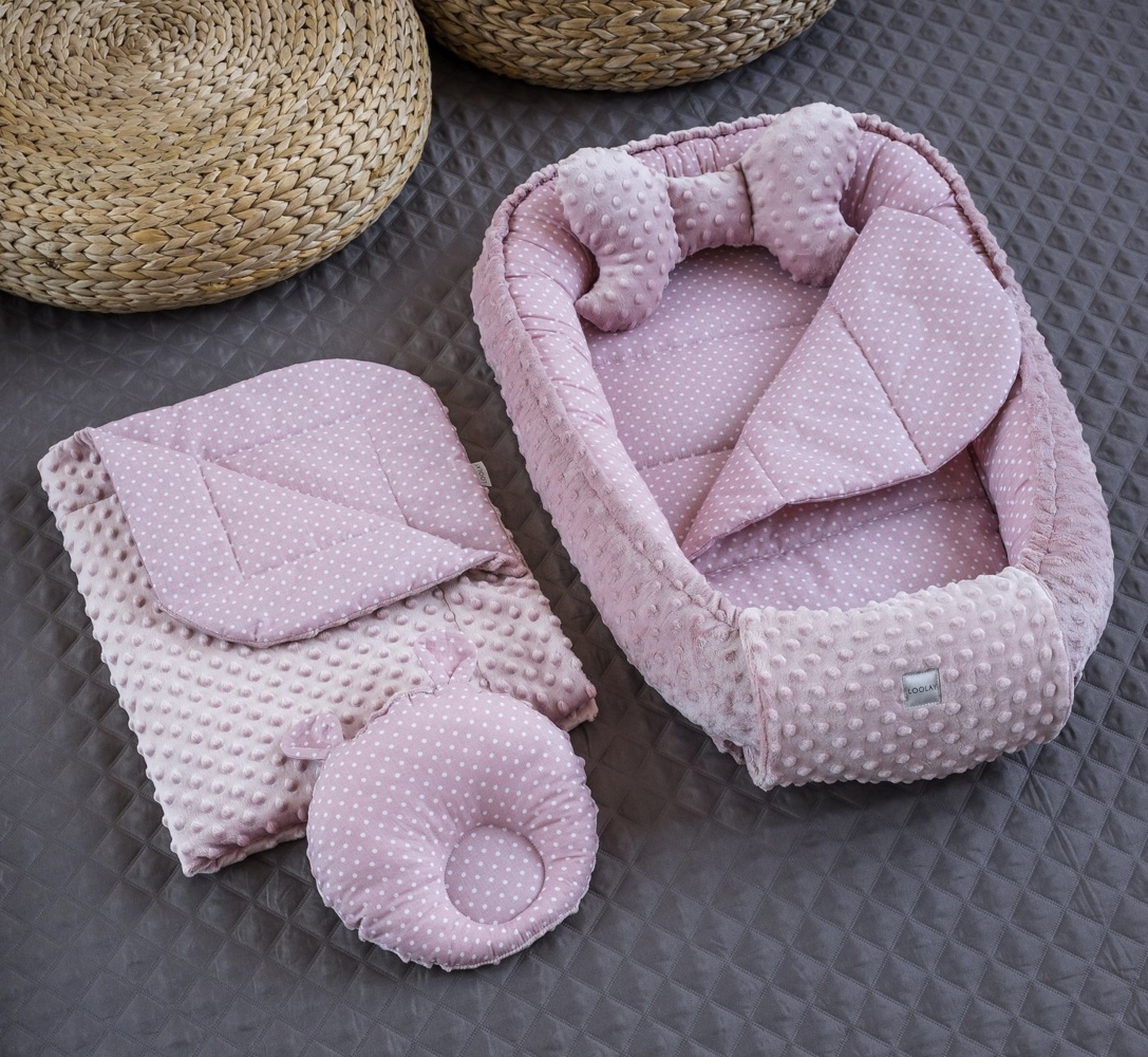 Loolay Bettnestchen Punkte ROSA/ MINKY Altrosa 5 TLG SET Babynest Babyausstattung, (Nestchen SET PREMIUM Geschenk SETS für Mädchen, 5-tlg, Neugeborene Nestchen, Babynestchen, Reisebett Unterlage), NESTCHEN + DECKE + MATRATZE + Bärchen + Schmetterling K... Bild 1