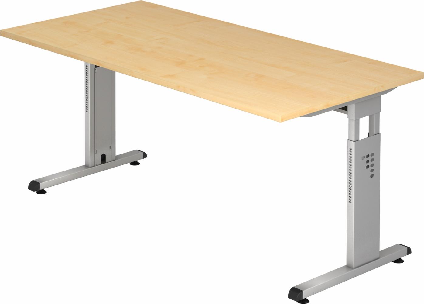 bümö höhenverstellbarer Schreibtisch O-Serie 160x80 cm in Ahorn, Gestell in Silber - PC Tisch für's Büro manuell höhenverstellbar, Computertisch verstellbar, OS-16-3-S Bild 1