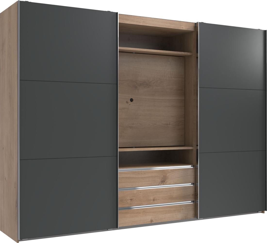 Schwebetürenschrank >MAGIC< in PLANKENEICHE NB + GRAPHIT - 300x216x65cm (BxHxT) Bild 1