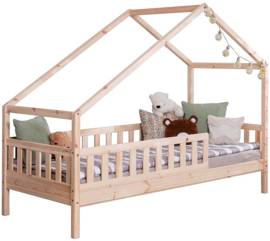 Ticaa Hausbett Lou mit Rausfallschutz aus Kiefer massiv, - Hausbett mit abnehmbaren Dachaufbau - Inkl. Rollrost Bild 1