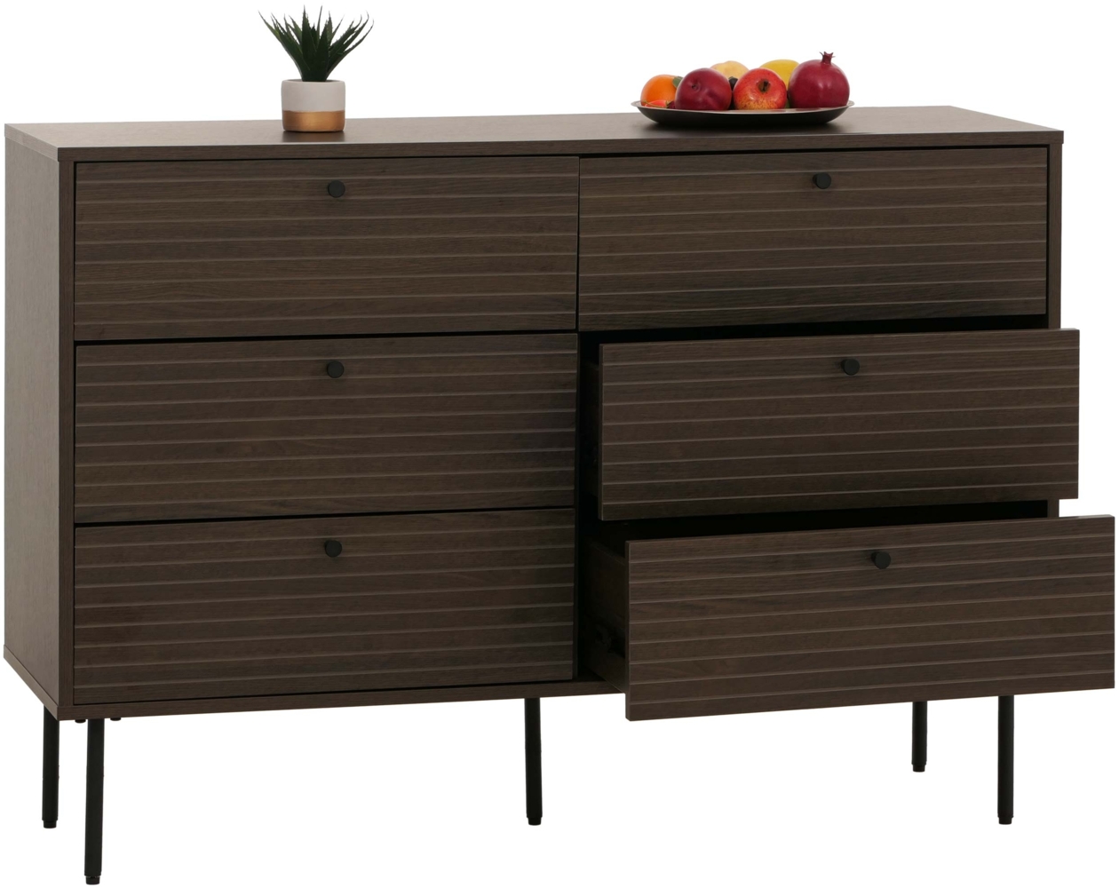 Kommode HWC-N78, Sideboard Schrank, 6 Schubladen, skandinavischer Stil Metall Holz Melamin MVG 85x120x40cm ~ dunkelbraun Bild 1