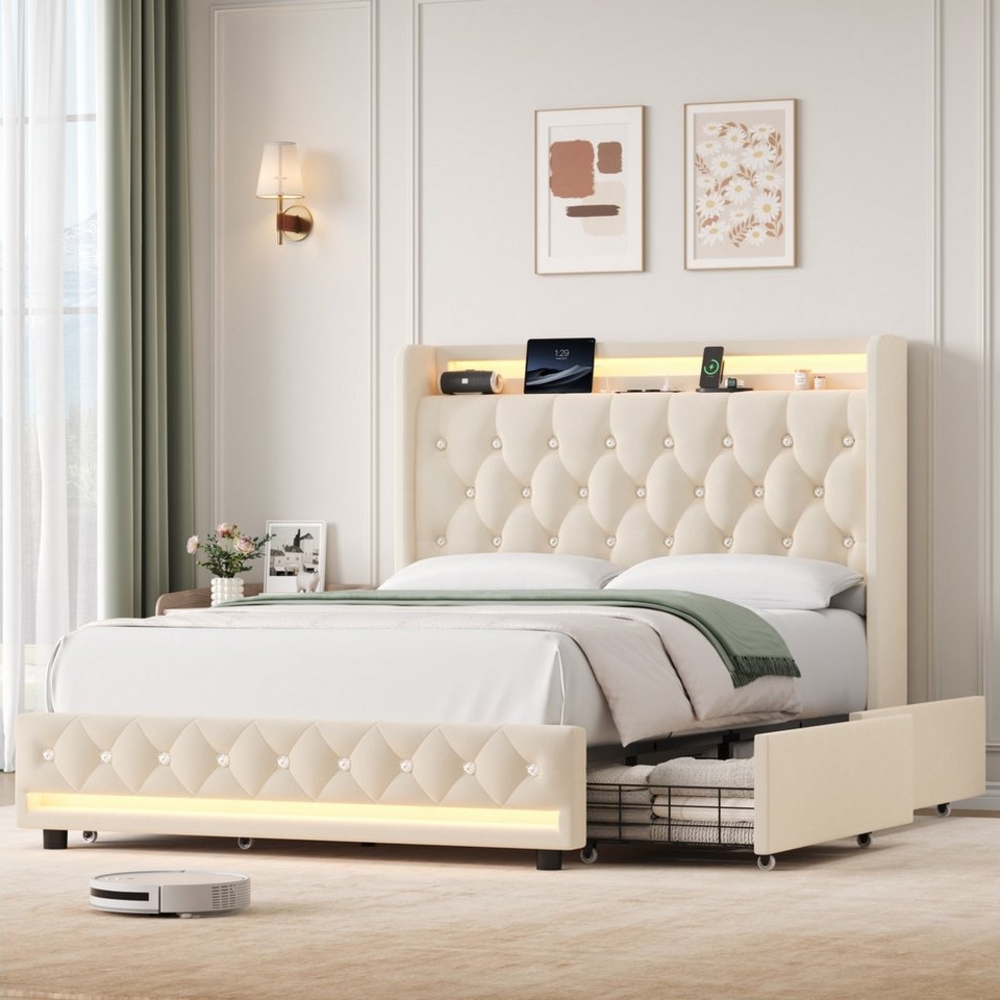 Homfa Polsterbett 140x200 Bett Doppelbett Bettgestell, mit Ladefunktion und 4 Schubladen, LED-Beleuchtung, ohne Matratze Bild 1