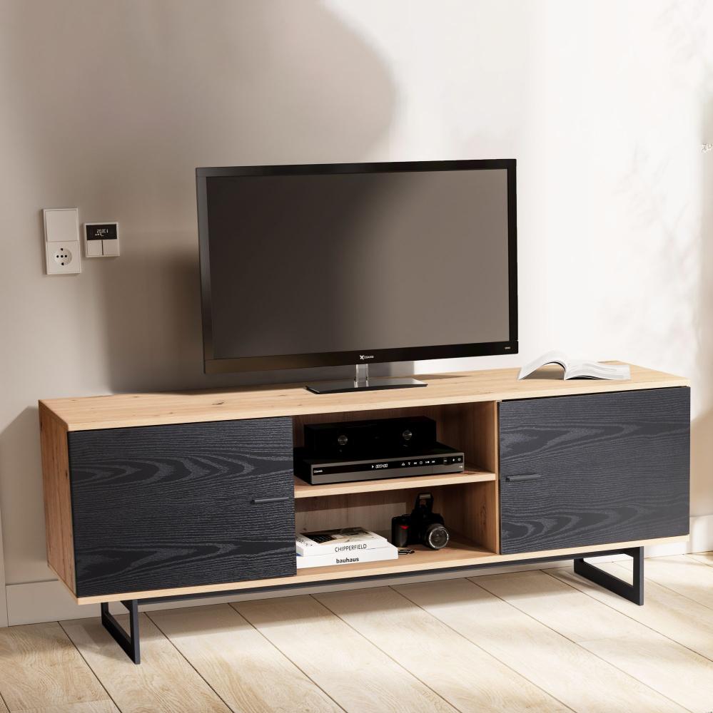 FineBuy Lowboard Eiche-Dekor 150x55x40 cm TV-Kommode Modern, Design TV-Schrank Hoch, Fernsehtisch Fernsehschrank mit zwei Türen, Fernsehkommode Wohnzimmer Schwarz Bild 1