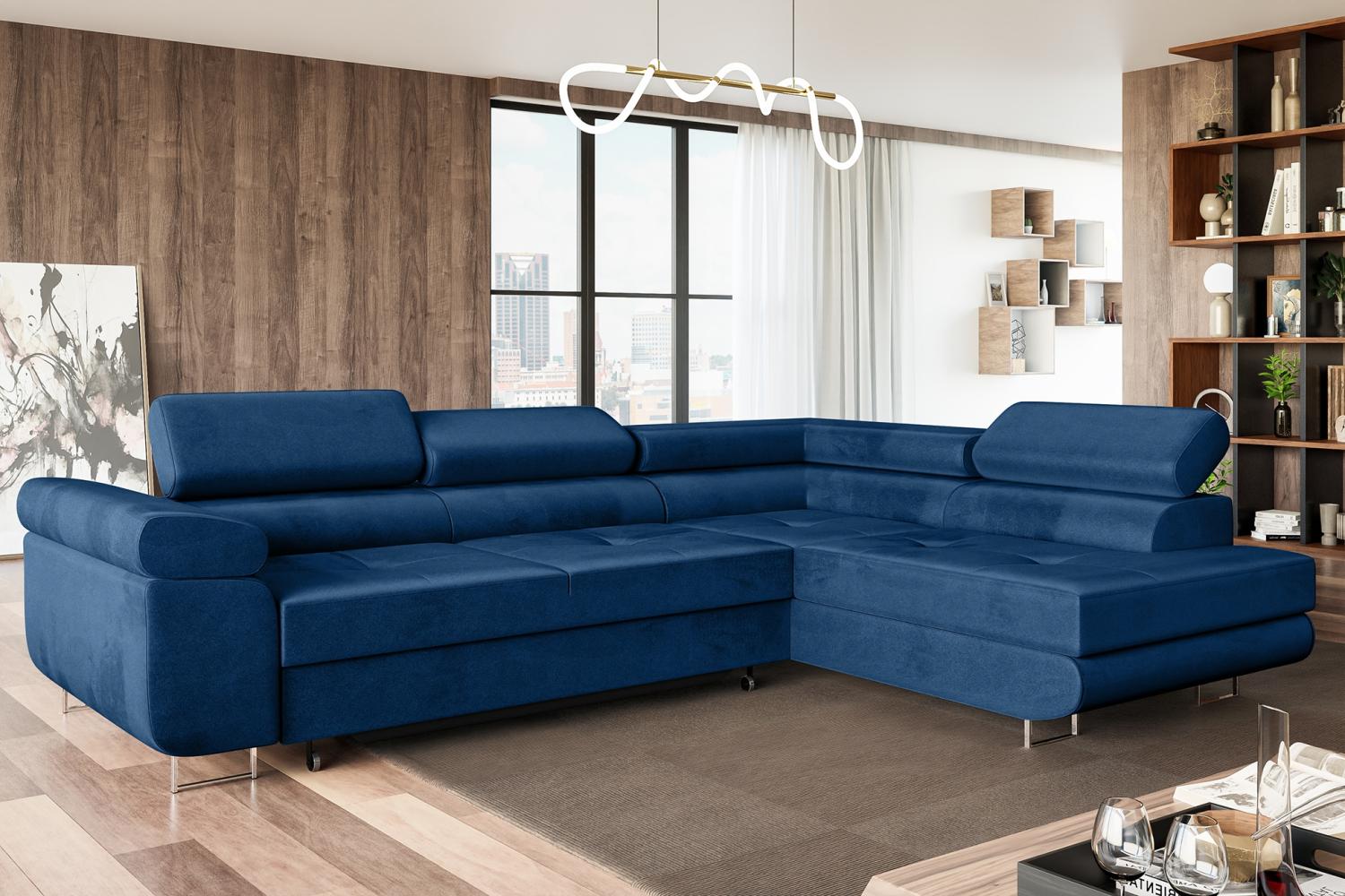 MEBLINI Schlafcouch mit Bettkasten - MALIBA - 277x203x63cm Rechts – Blau Samt - Ecksofa mit Schlaffunktion - Sofa mit Relaxfunktion und Kopfstützen - Couch L-Form - Eckcouch - Wohnlandschaft Bild 1