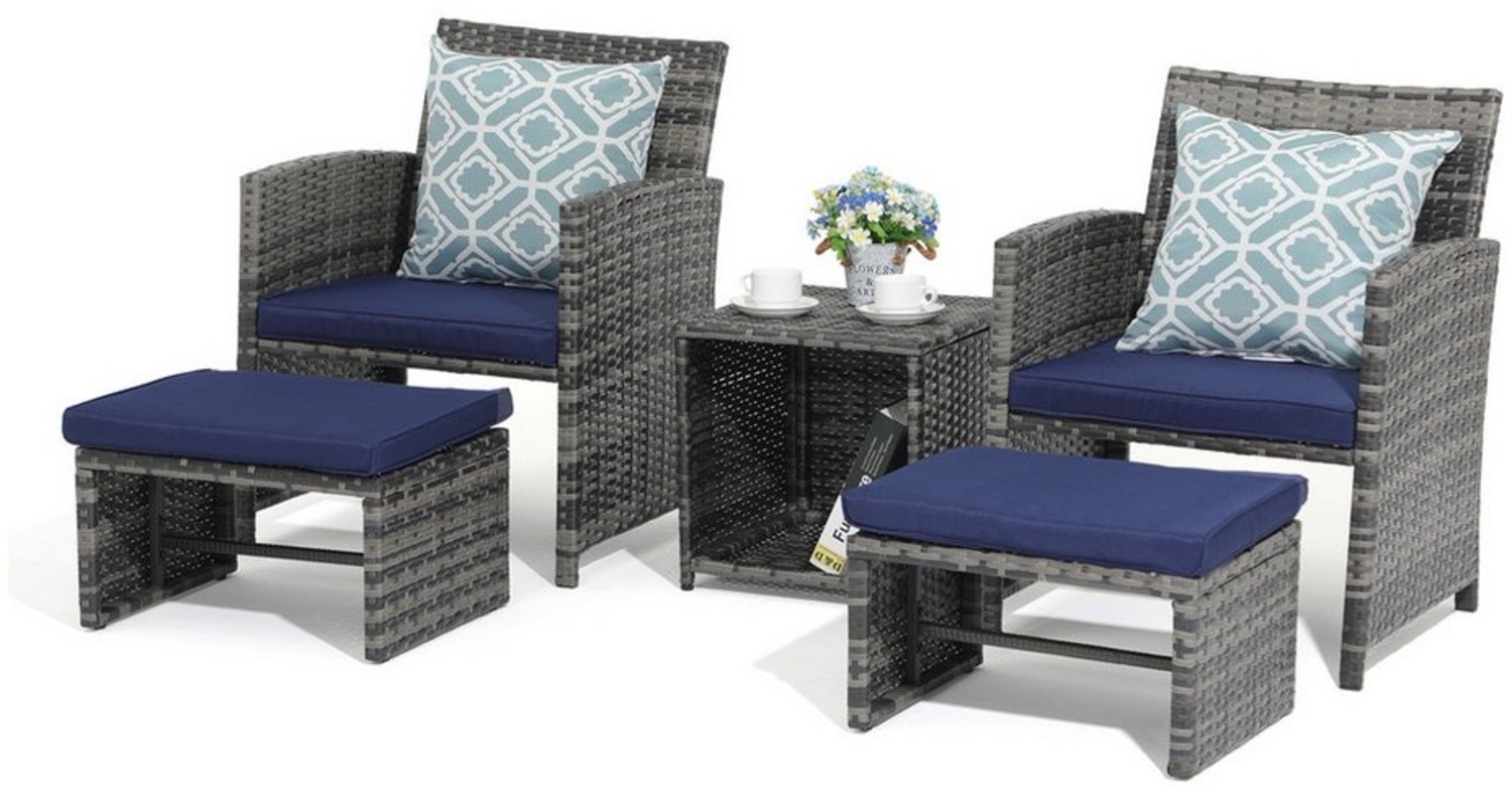 JOIVI Balkonset Balkonmöbel-Set, 5-tlg Rattan Gartenmöbel-Set, (2er Gartensessel mit Beistelltisch&Hocker,Gartensitzgruppe inkl), Sitzkissen&Rückenkissen, Gartensofa Set für Garten Indoor Balkon, Blau Bild 1