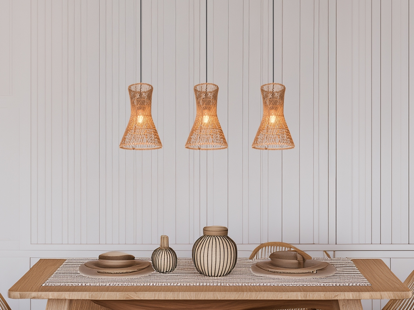 LED Pendelleuchte 3-flammig mit Lampenschirmen aus Papiergarn, Breite 75cm Bild 1