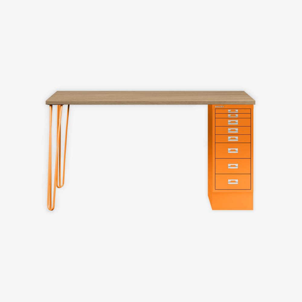 MultiDesk, 2 Stahlfüße, 1 MultiDrawer mit 8 Schüben, Dekor natürliche Eiche, Farbe Orange, Maße: H 740 x B 1400 x T 600 mm Bild 1