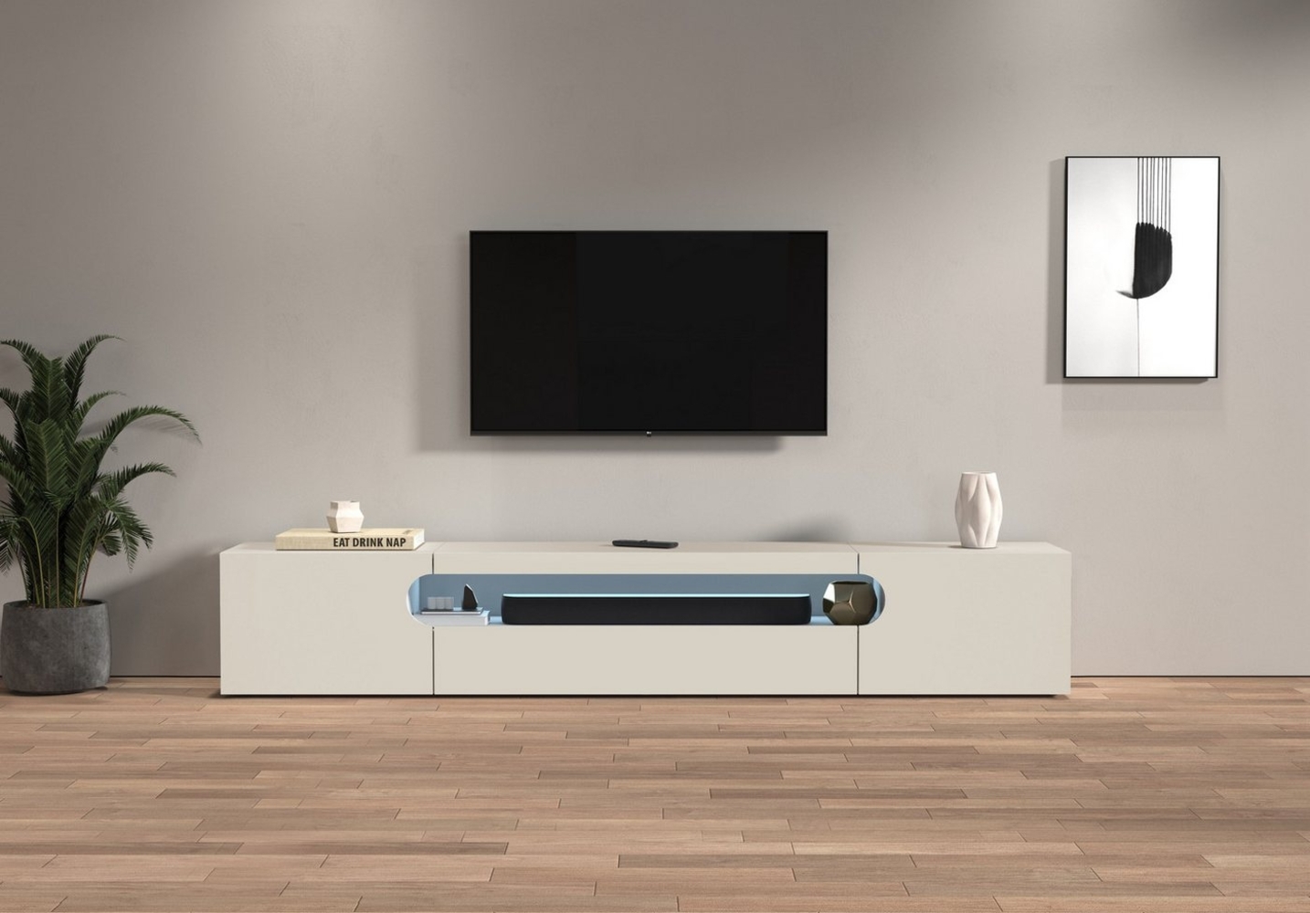 INOSIGN Lowboard REAL TV-Möbel, 240 cm breit, 40/60 cm hoch, Hochglanz oder matt, mit 2 abgerundeten Türen, 1 Klappe, die ein ovales offenes Fach bilden Bild 1
