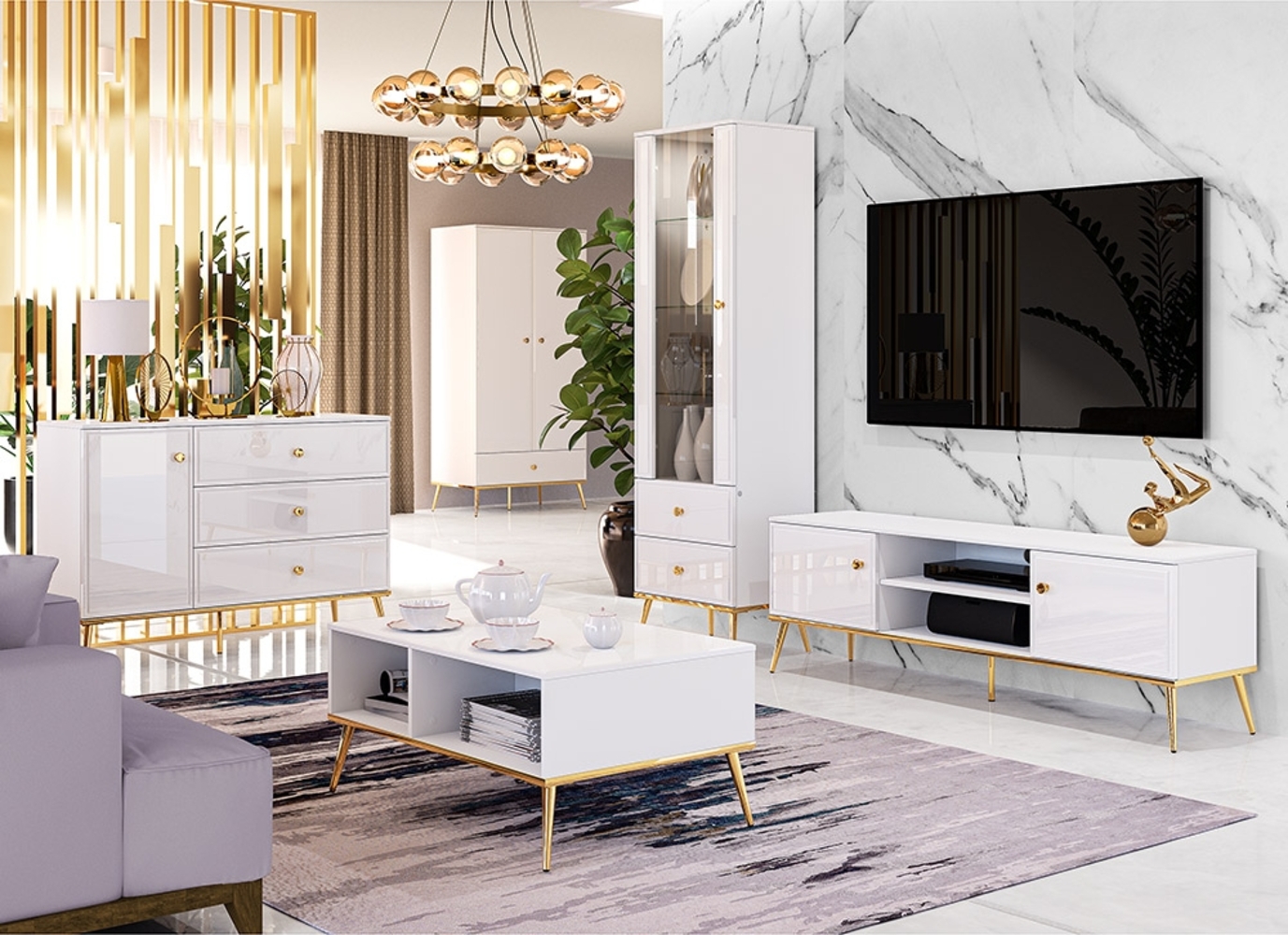 Wohnzimmer Komplett Set GUBIN-131 in weiß Hochglanz mit goldenen Akzenten Bild 1