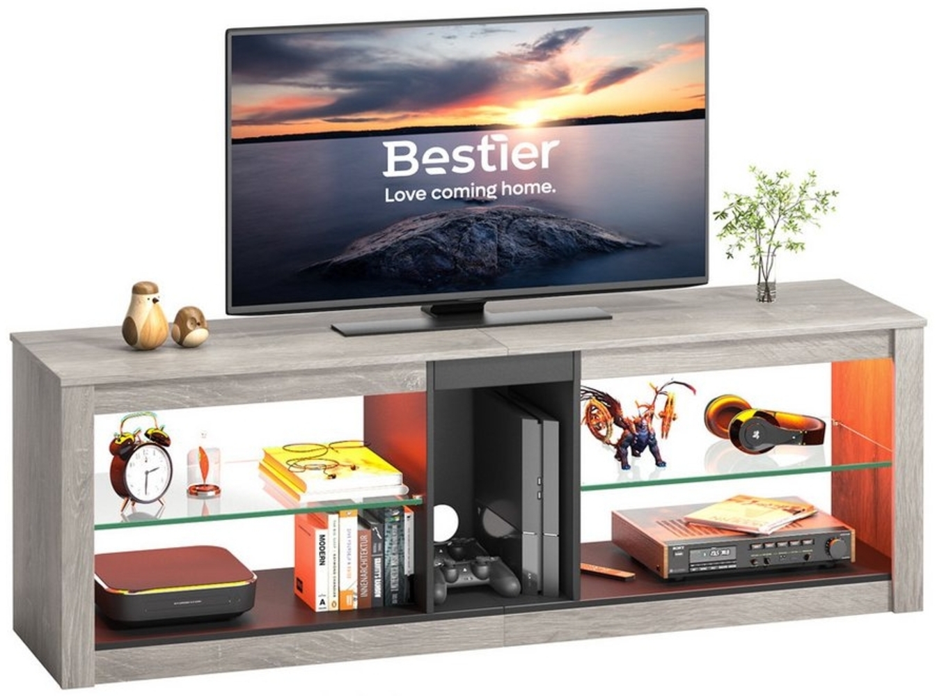 Bestier Lowboard TV-Schrank, Lowboard für 65 Zoll & Kleinere TVs, 140x35x47cm (Fernsehschrank mit RGB-LED-Leuchten), Fernsehtisch mit integriertes Kabelmanagement, verstellbare Glass Bild 1