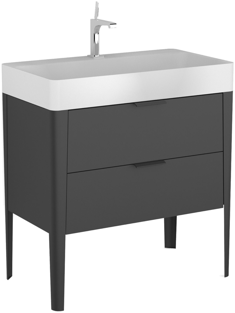 BADEDU SORA Waschbecken mit Unterschrank 80 cm breit, Schwarz matt, Waschbecken Quarzkomposit Weiß, aus Aluminium, mit Füßen Bild 1