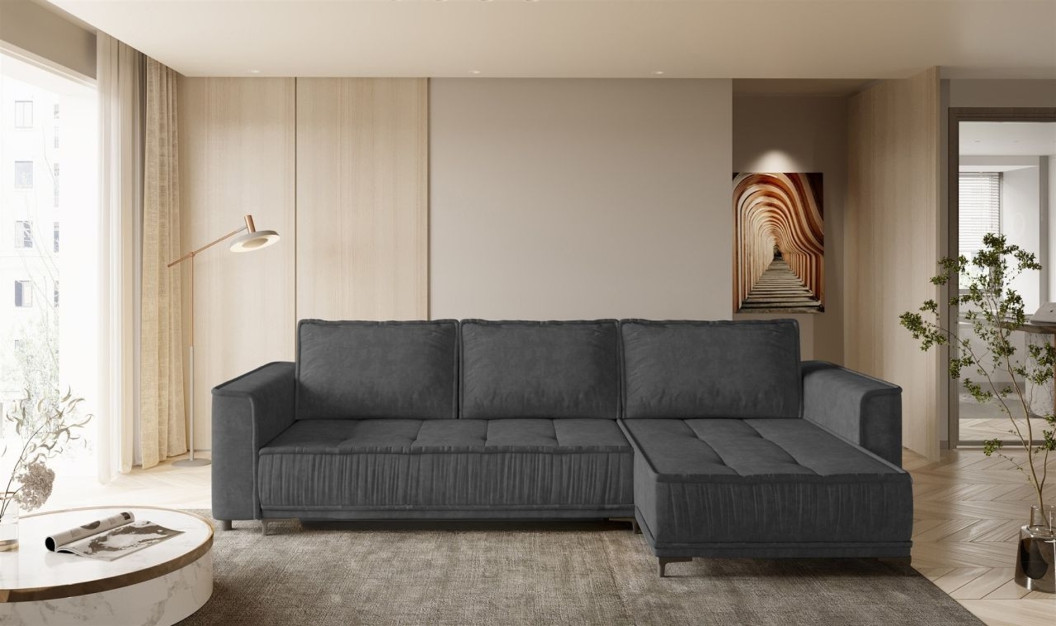 Ecksofa Schlafsofa Sofa JUNA Stoff Terra Dunkelgrau Ottomane Rechts Bild 1