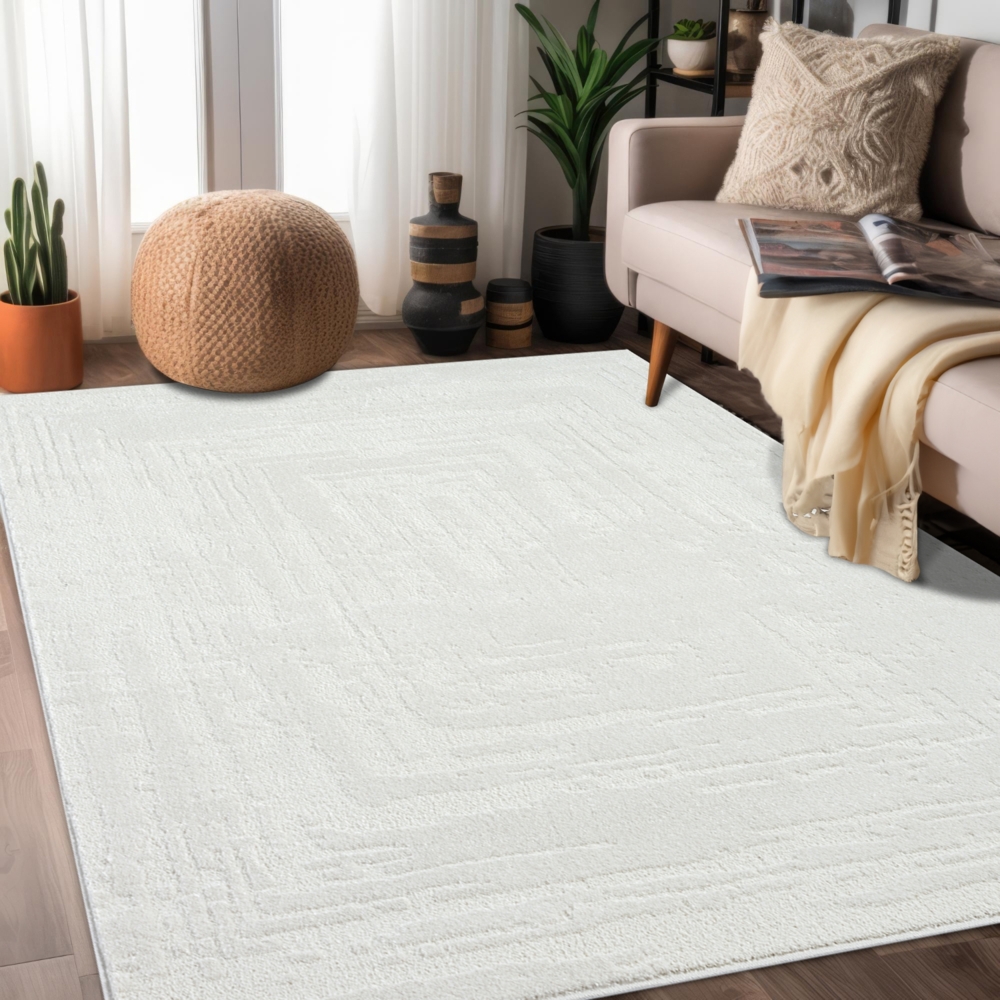 Teppich Wohnzimmer Kurzflor Creme 160x230cm Geometrisch Melierte Muster mit Hoch-Tief-Effekt, 3D Effekt, Weich Bild 1