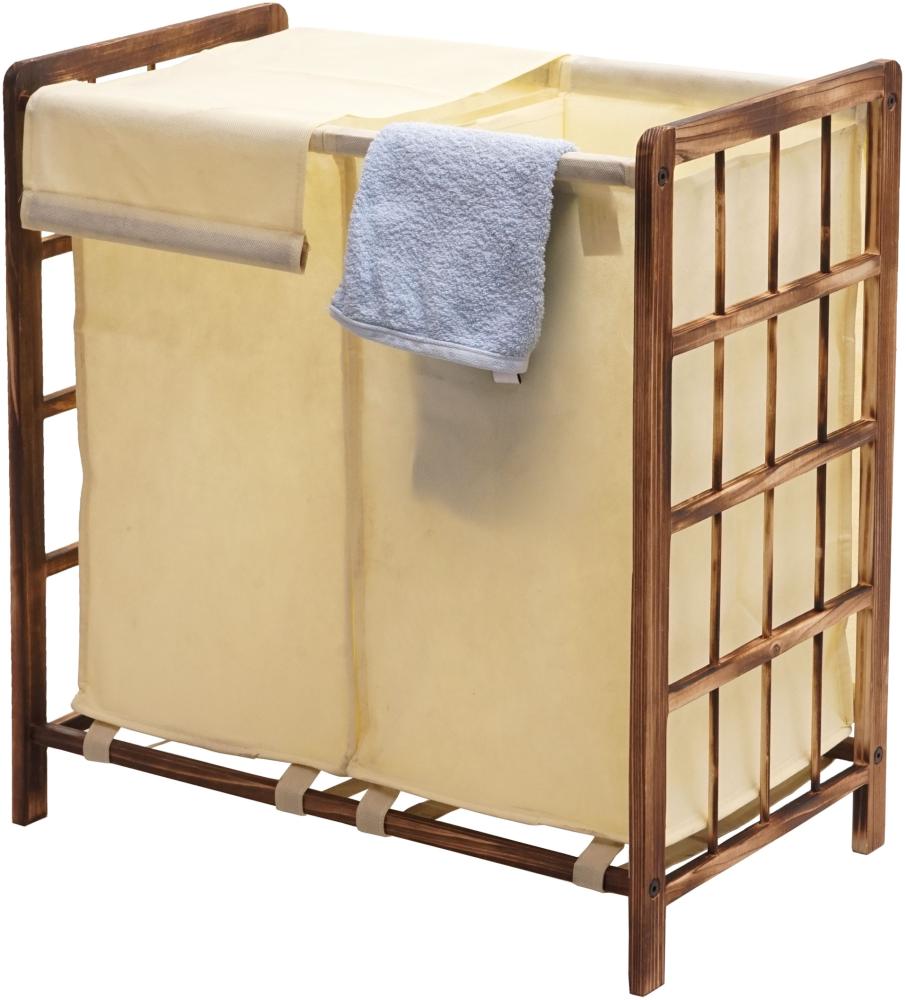 Wäschesammler HWC-B60, Laundry Wäschebox Wäschekorb, Massiv-Holz 2 Fächer 60x60x33cm 68l ~ braun, Bezug creme Bild 1