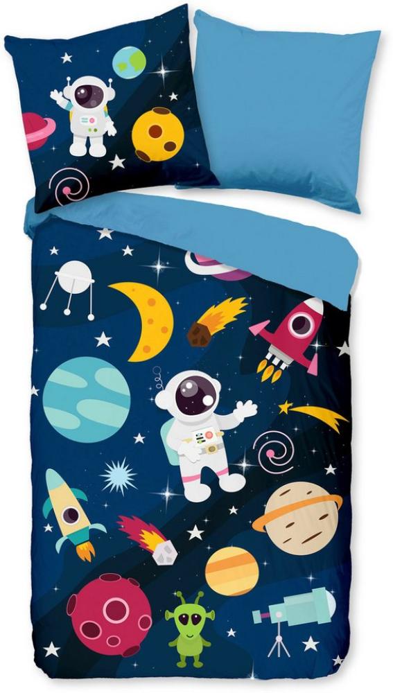 PURE luxury collection Kinderbettwäsche Planets, Microfaser, 2 teilig, 135x200, Pflegeleicht, Reißverschluss, Wende, Kind Junge, Weltall Blau Bild 1