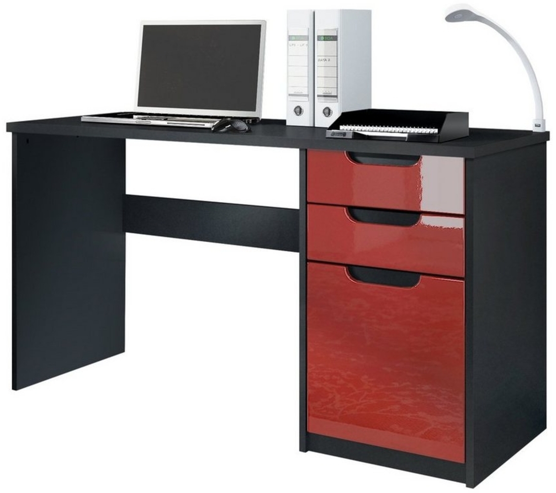 Vladon Schreibtisch Logan, Bürotisch mit 2 Schubladen und 1 Tür, Schwarz matt/Bordeaux Hochglanz (129 x 76 x 60 cm) Bild 1