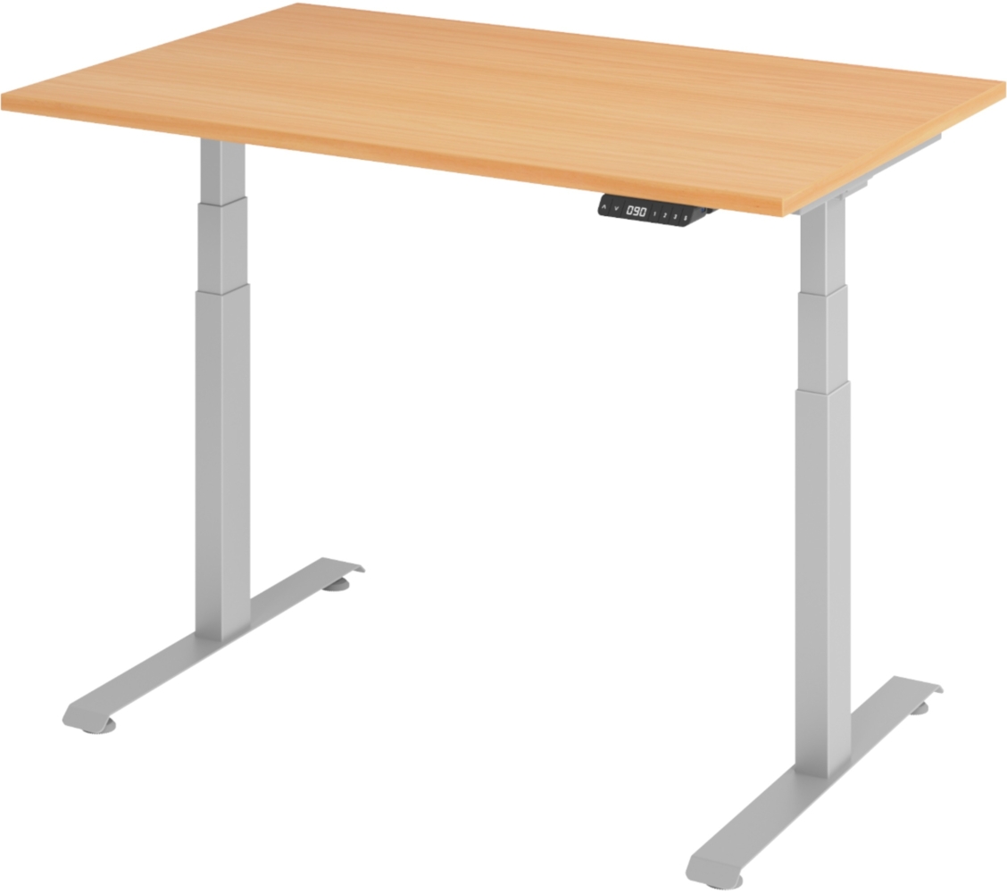 bümö höhenverstellbarer Schreibtisch 120x80 cm in Buche, Gestell silber - Höhenverstellbar Elektrisch Stehpult mit 3-fach Speicher, Computertisch, Ergonomischer Steh-Sitz Tisch, Bürotisch, LXK65-12-6-S Bild 1