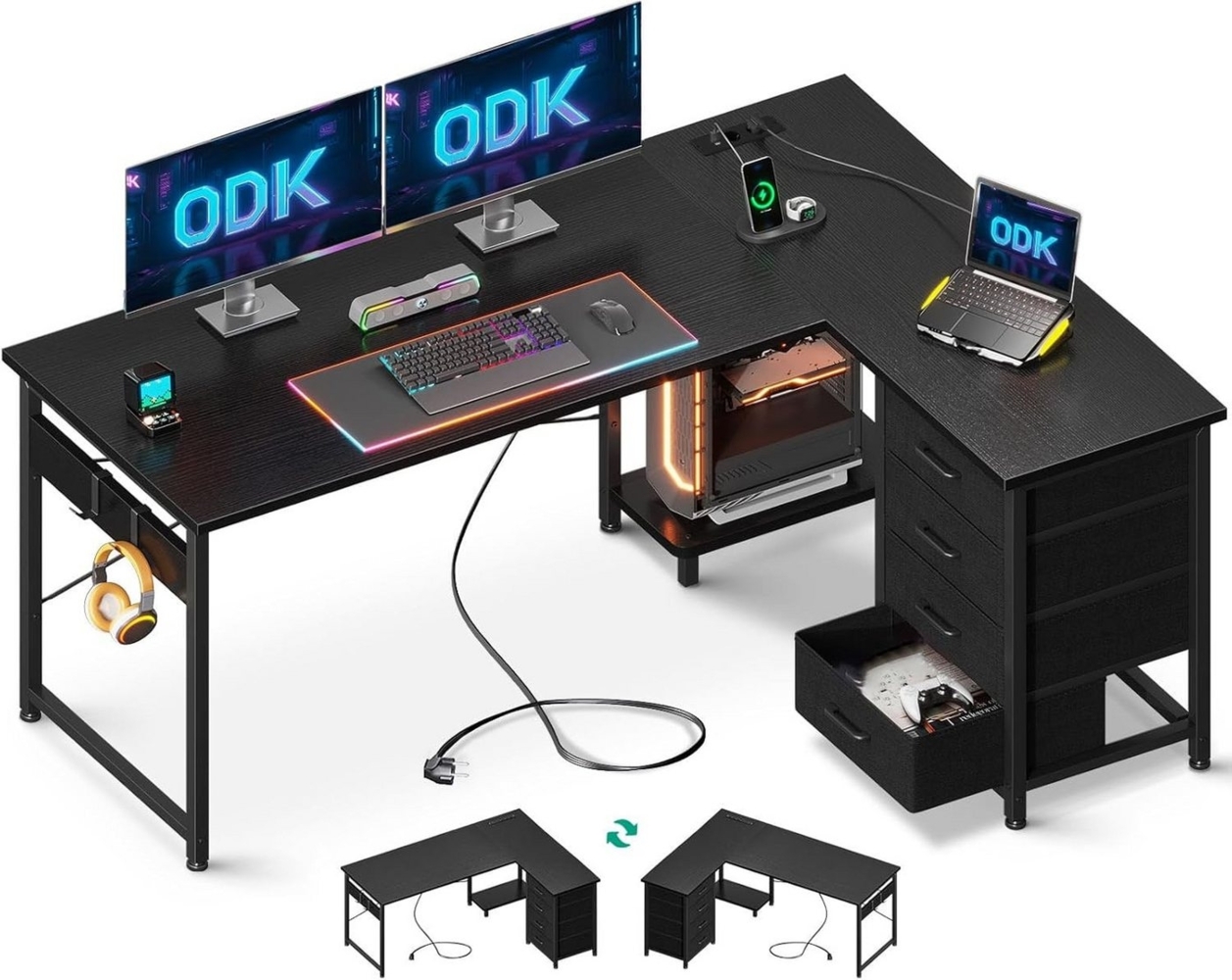 ODK Schreibtisch ODK Schreibtisch mit Schubladen, Steckdosen & USB, Schwarz, 135×100cm Bild 1