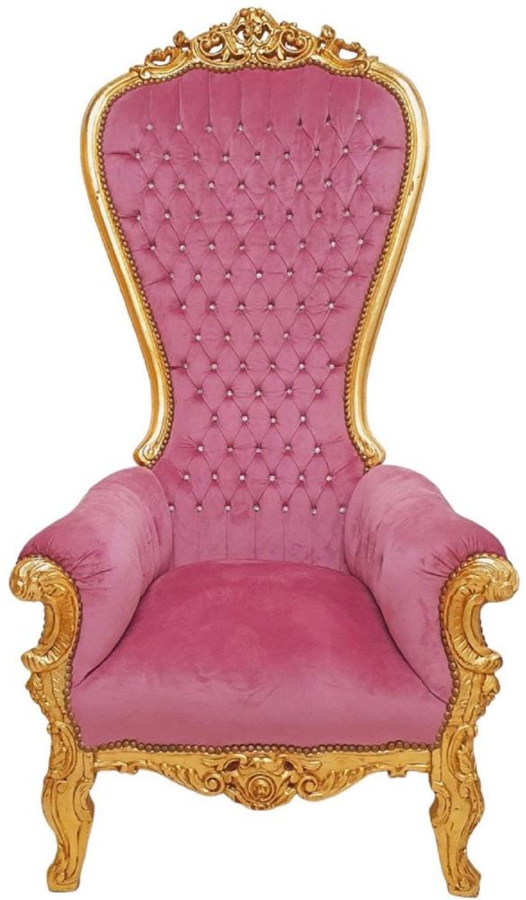 Casa Padrino Barock Thron Sessel mit edlem Samtstoff und Glitzersteinen Rosa / Gold - Handgefertigter Königssessel im Barockstil - Prunkvoller Hochzeitssessel - Barock Riesensessel - Barock Möbel Bild 1