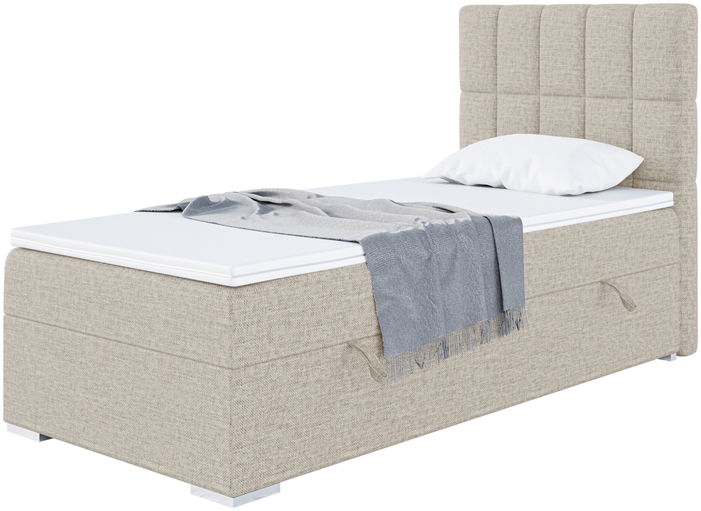 MEBLINI Boxspringbett LUKAS 100x200 cm mit Bettkasten - H3/Beige Webstoff Gepolstert Einzelbett mit Topper & Bonellfederkern-Matratze - 100x200 Rechts Bild 1