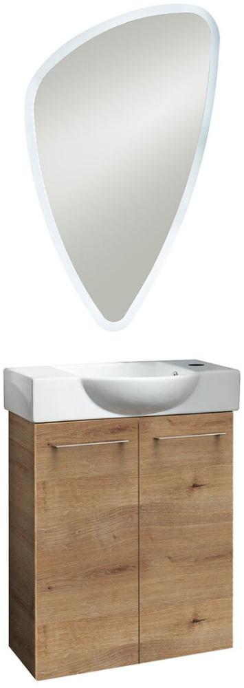 Fackelmann SBC MILANO Gäste WC Set 3-teilig 55 cm, Braun hell, 2 Türen, Keramik rechts + LED-Spiegel Bild 1