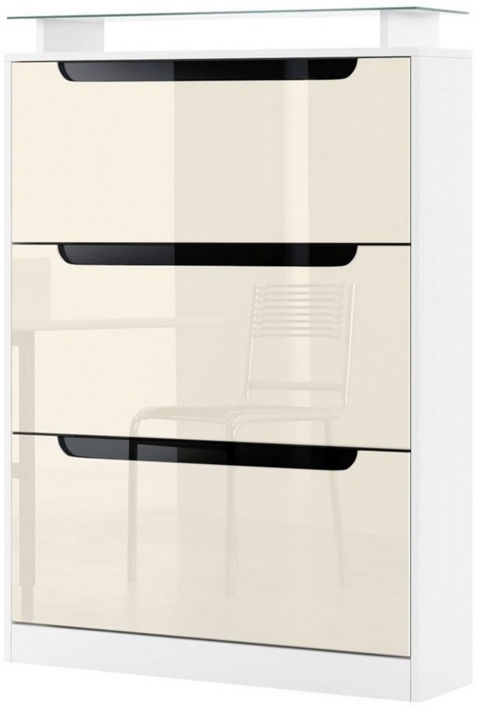 Vladon Schuhschrank Space, Schuhkipper für 24 Paar Schuhe mit 3 Klappen und Glasablage, Weiß matt/Creme Hochglanz mit Absetzungen in Schwarz Hochglanz (89 x 128 x 23 cm) Bild 1