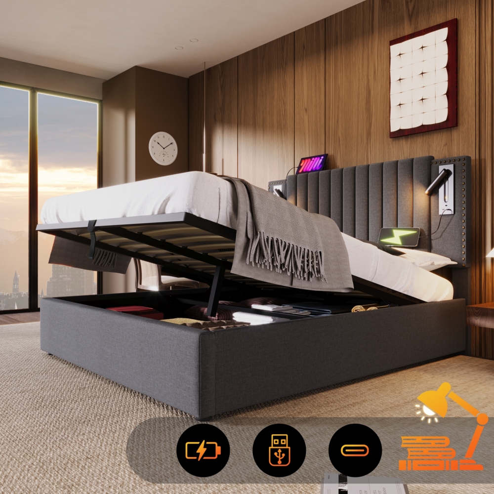 Polsterbett 160x200 cm Grau mit verstellbarem Kopfteil, USB Typ-C Ladeanschluss, Leselicht & großem Stauraum Bild 1