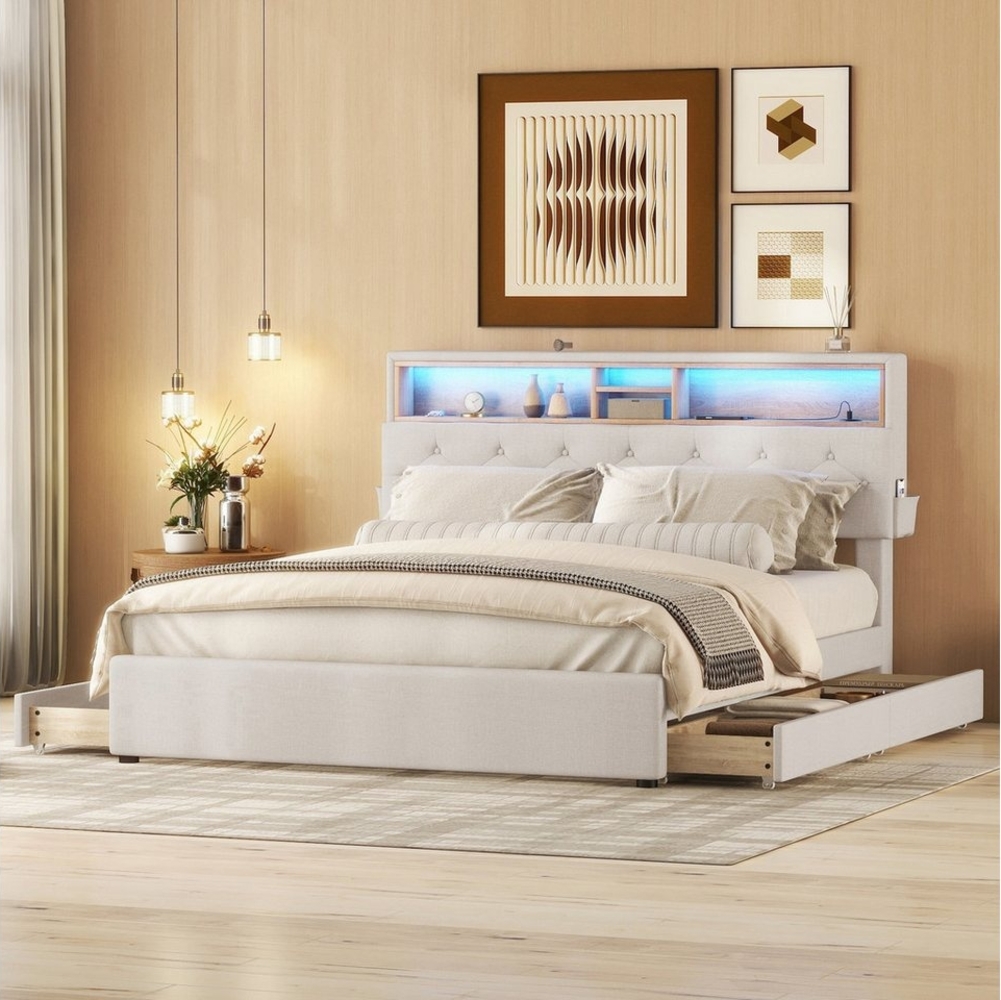 Ulife Polsterbett Doppelbett Stauraum-Kopfteil LED-Beleuchtung Funktionsbett, USB steckdose Verstellbares kopfteil 140x200cM mit vier schubladen Bild 1