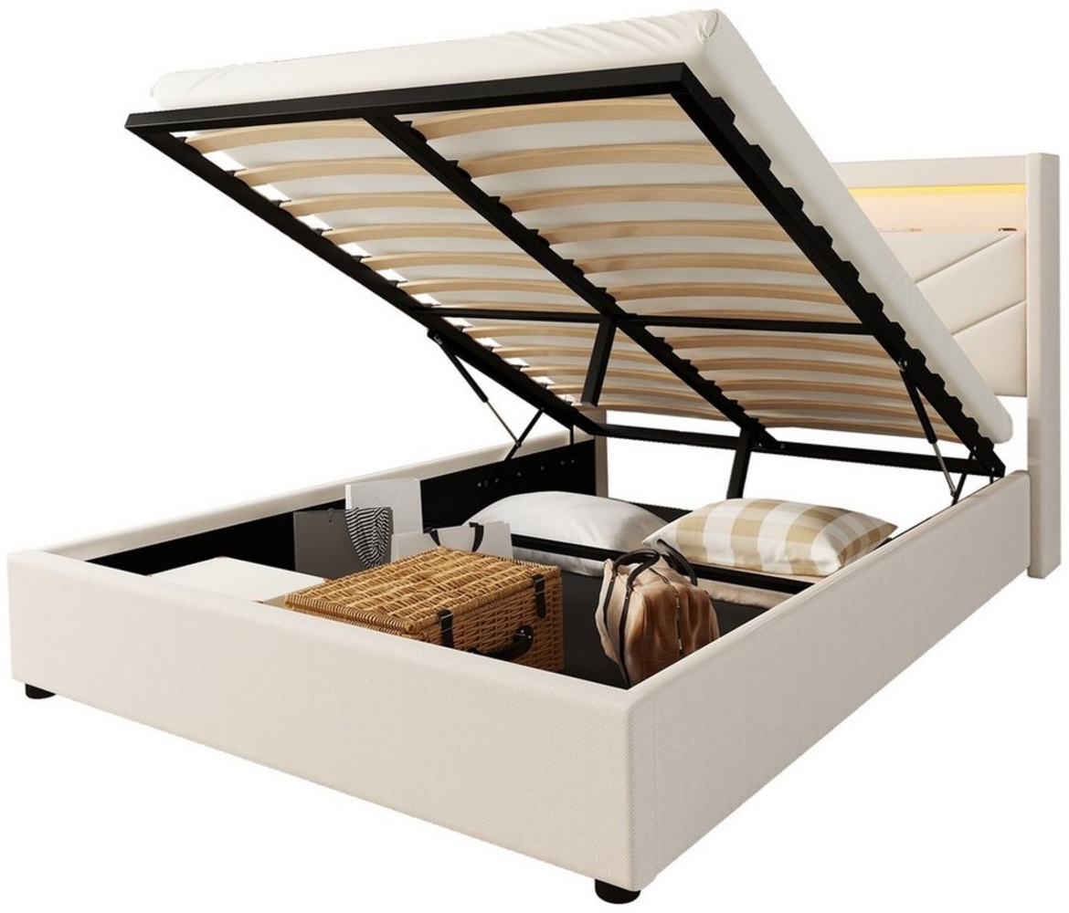 REDOM Polsterbett Funktionsbett Stauraumbett Doppelbett Kinderbett Gästebett (Ambientebeleuchtung mit Fernbedienung, Hydraulikbett mit USB und Stereoanlage, Stauraum, ohne Matratze, 140 x 200 cm), ohne Matratze Bild 1