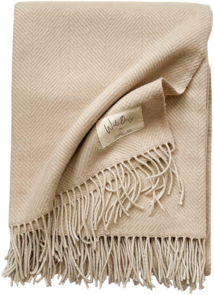 WoolOnly Wolldecke Plaid mit Fransen 130x180 cm, Herringbone Leinen-natur Bild 1