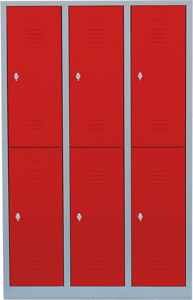 Steelboxx Komfort Spind Schrank Schließfachschrank 6 Fächer-Spint Fächerschrank Umkleideschrank 523234 Grau/Rot 180 x 118,5 x 50cm Metallspind Personalspind Schulspind Sportschrank Bild 1