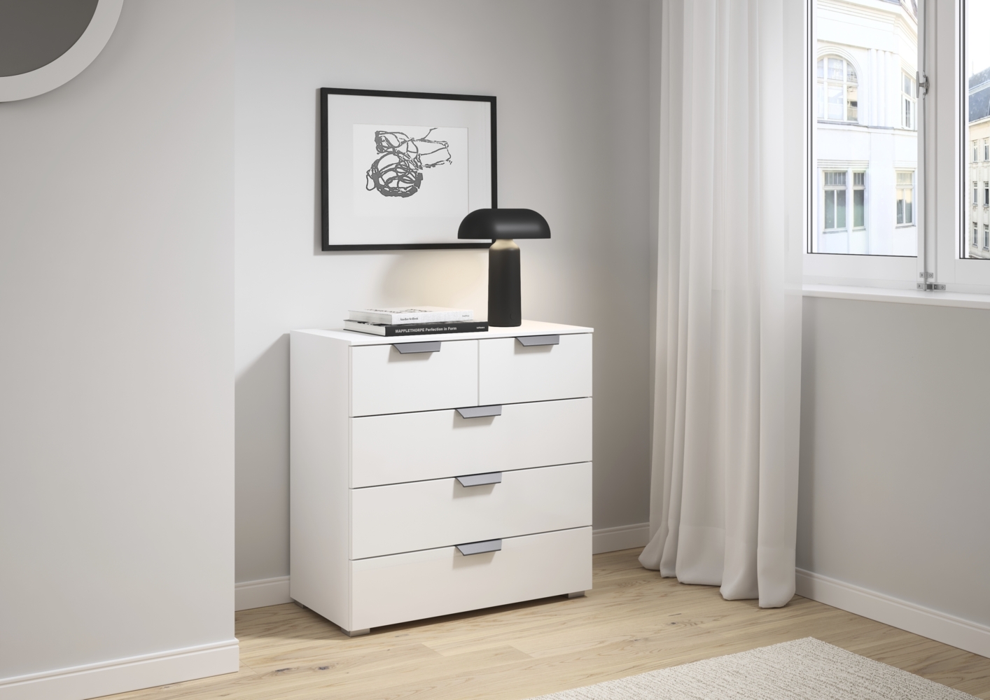 rauch Aditio Box, Kommode, 5 Schubladen, mit Glasfront, mit Softclose-Funktion, Farbe Weiß, BxHxT 80x81x42cm Bild 1