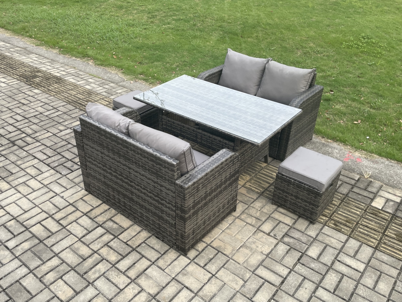 Fimous Terrassen Rattan Gartenmöbel-Set mit Langer rechteckiger Esstisch 2 kleine Fußhockern 6 Sitzer Outdoor Loveseat Sofa Set Dunkelgrau gemischt Bild 1
