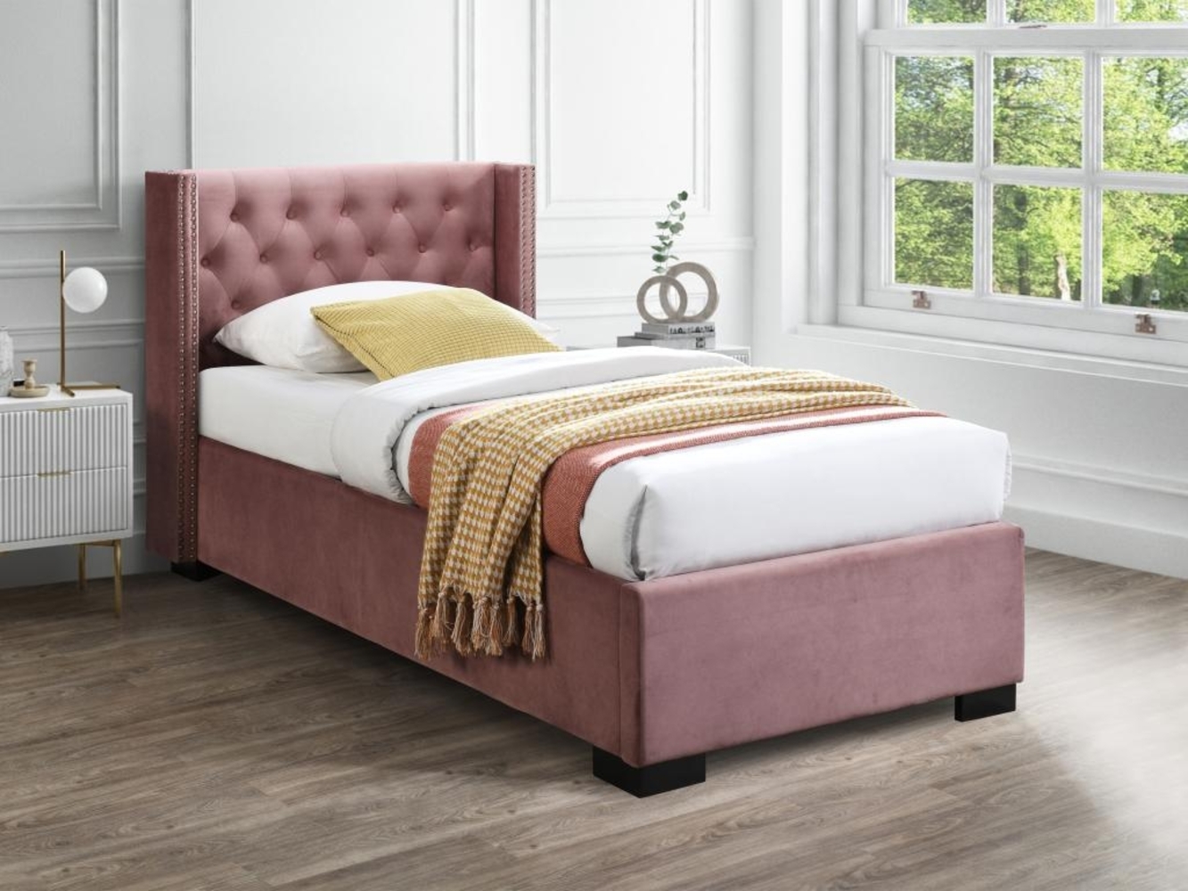 Vente-unique - Bett mit Bettkasten - 90x200 cm - gestepptes Kopfteil - Stoff - Rosa - MASSIMO Bild 1