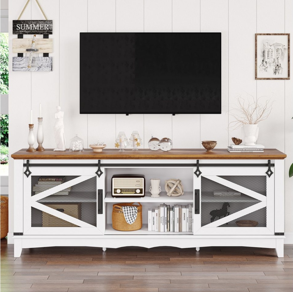 GarveeMore TV-Schrank mit Schiebetüren,Ablagefächern und verstellbarem Regal,Weiß Moderner Landhaus-TV-Ständer für bis zu 75-Zoll-Fernseher,167x40x71cm Bild 1