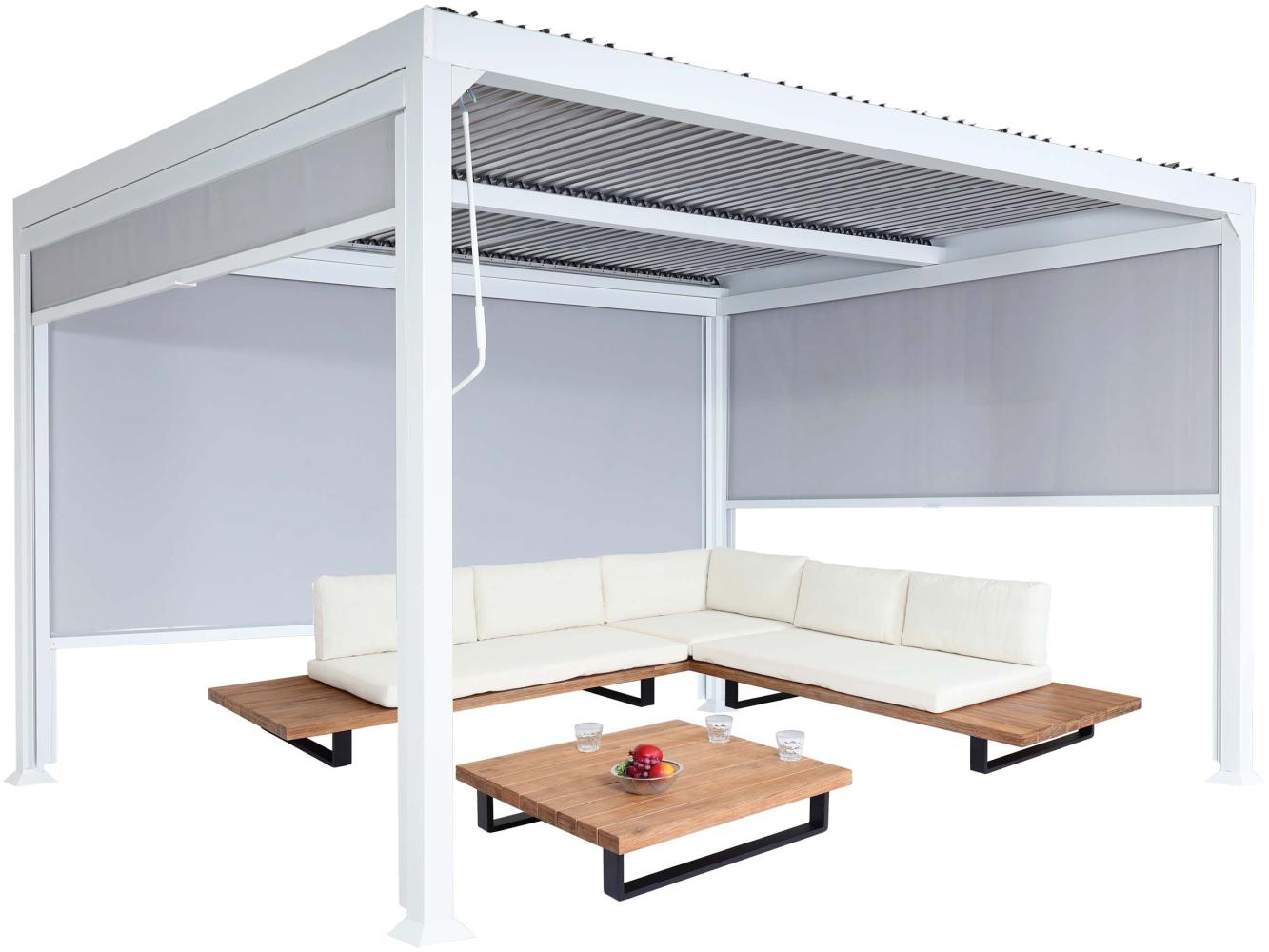 Alu Pergola HWC-L41 mit 3x Seitenwand, Lamellen-Pavillon, stabiles 8cm-Metall-Gestell 3x3,7m ~ weiß Bild 1