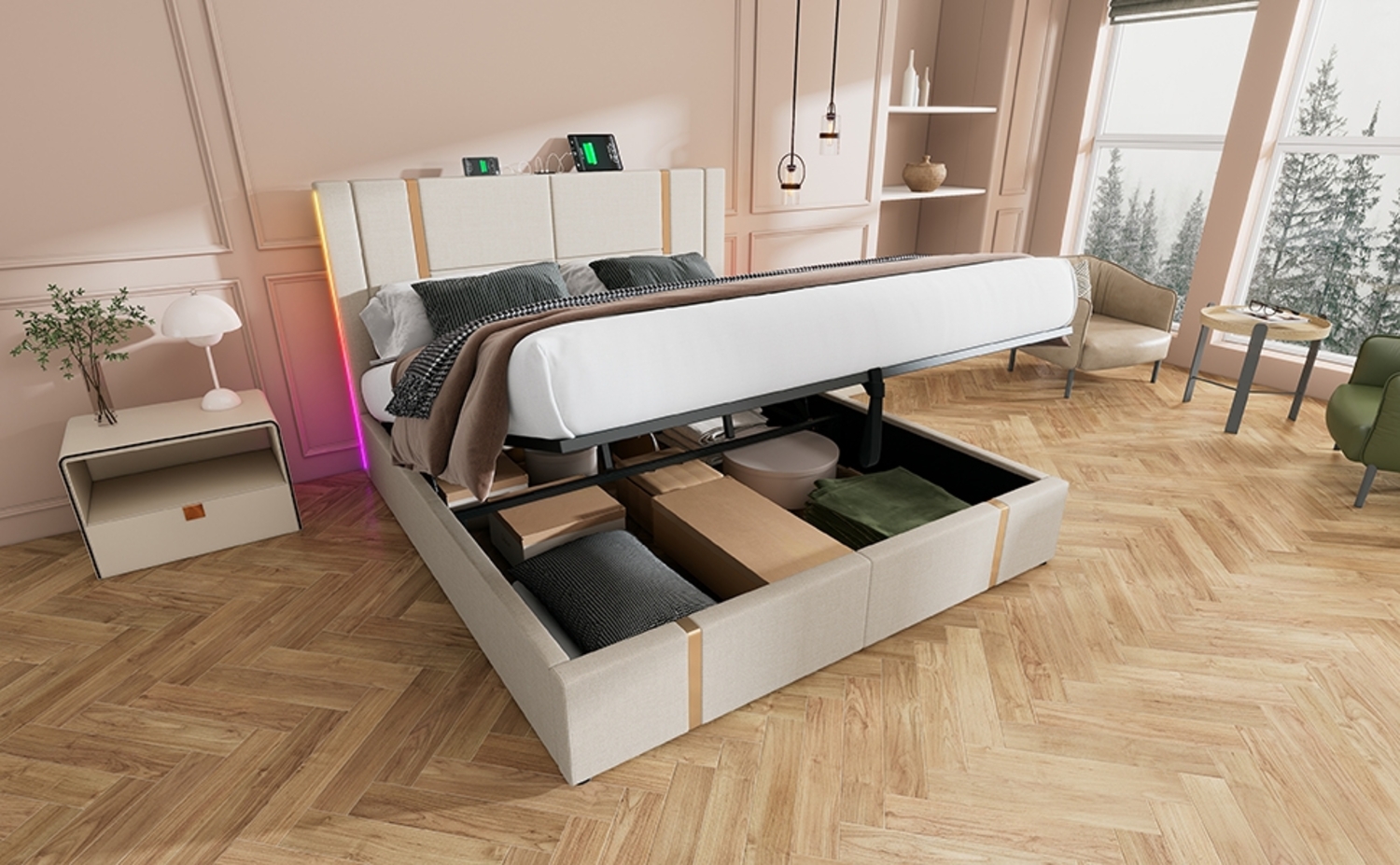 Polsterbett 160x200 cm mit Bettkasten, hydraulisch, RGB-LED & USB‑Typ‑C, beige Leinen,Es gibt ein Matratzenlager. Bild 1