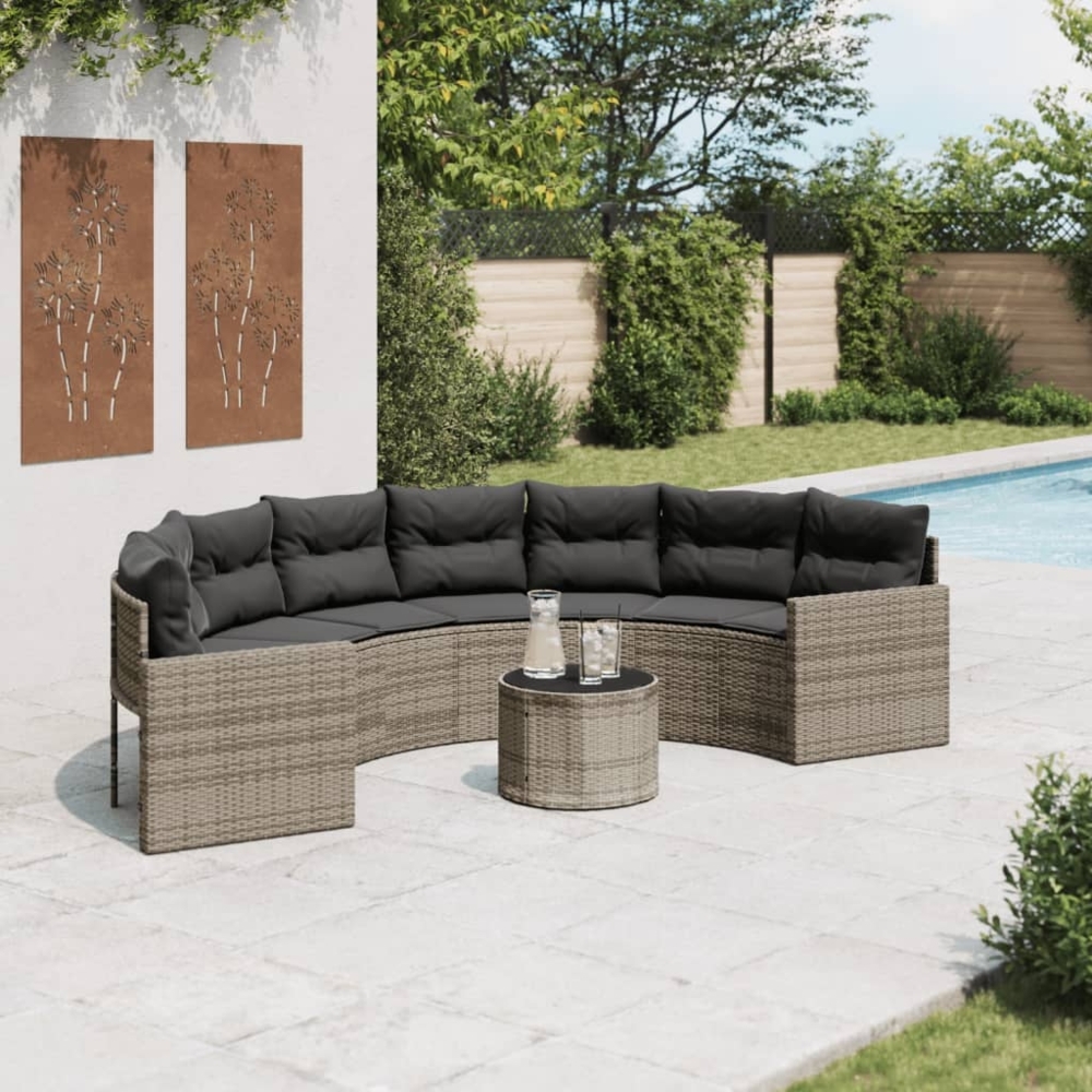 vidaXL Gartensofa mit Tisch und Kissen Halbrund Grau Poly Rattan 3318518 Bild 1