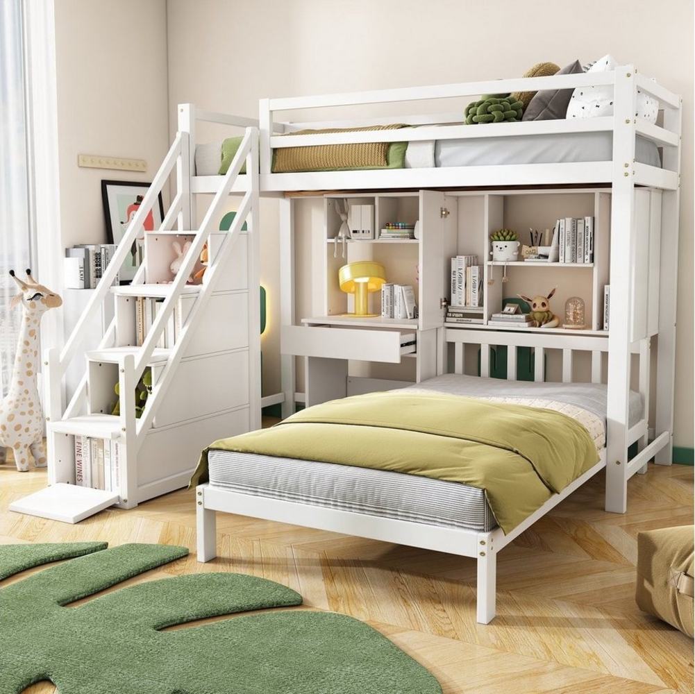 Flieks Etagenbett, Kiefernholz Kinderbett mit Schreibtisch und Treppe 90x200cm Bild 1