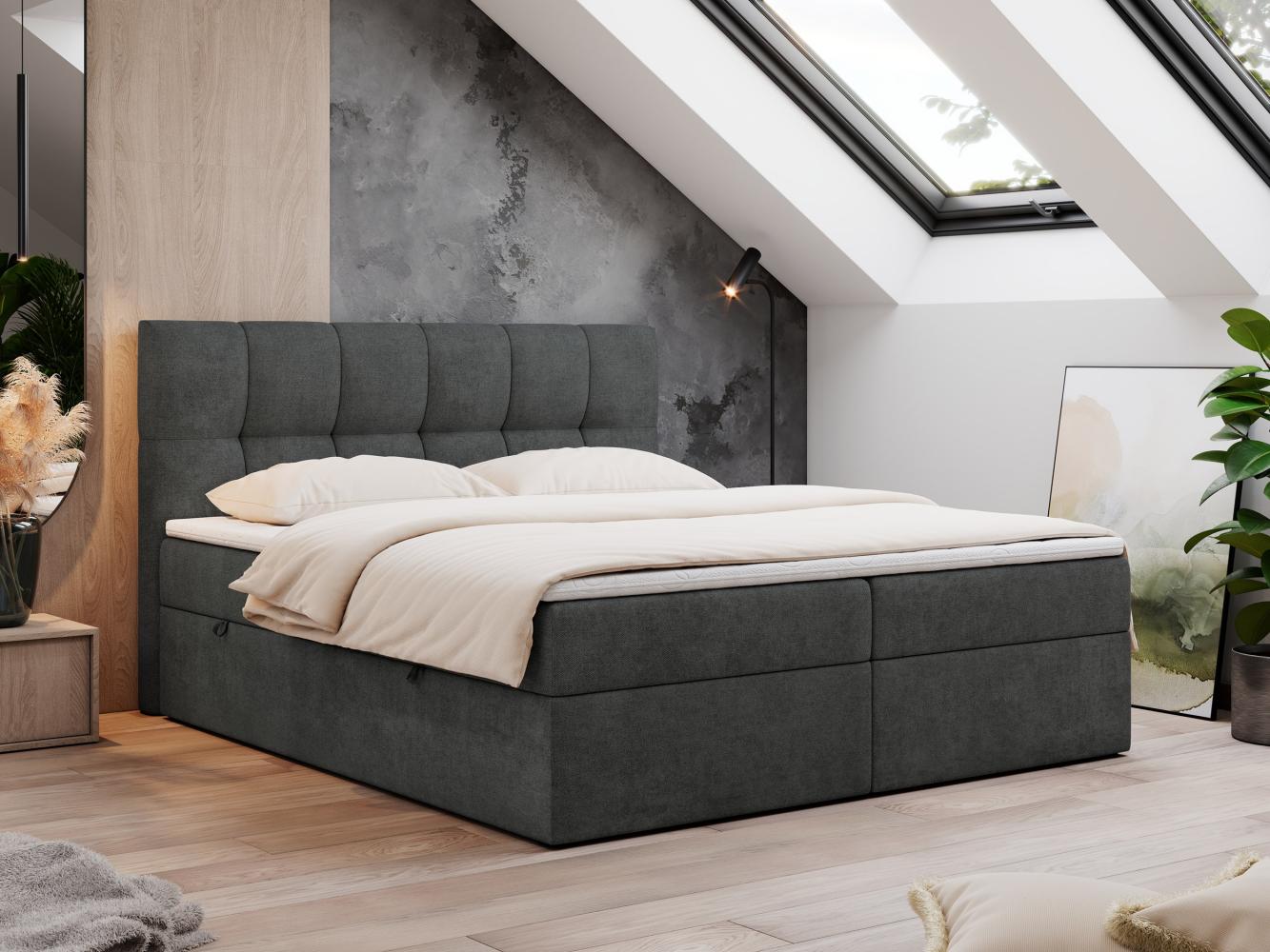 Boxspringbett mit Kopfteil und Topper, Doppelbett - RICO - 140x200cm - Dunkelgrau Stoff - H4 Bild 1