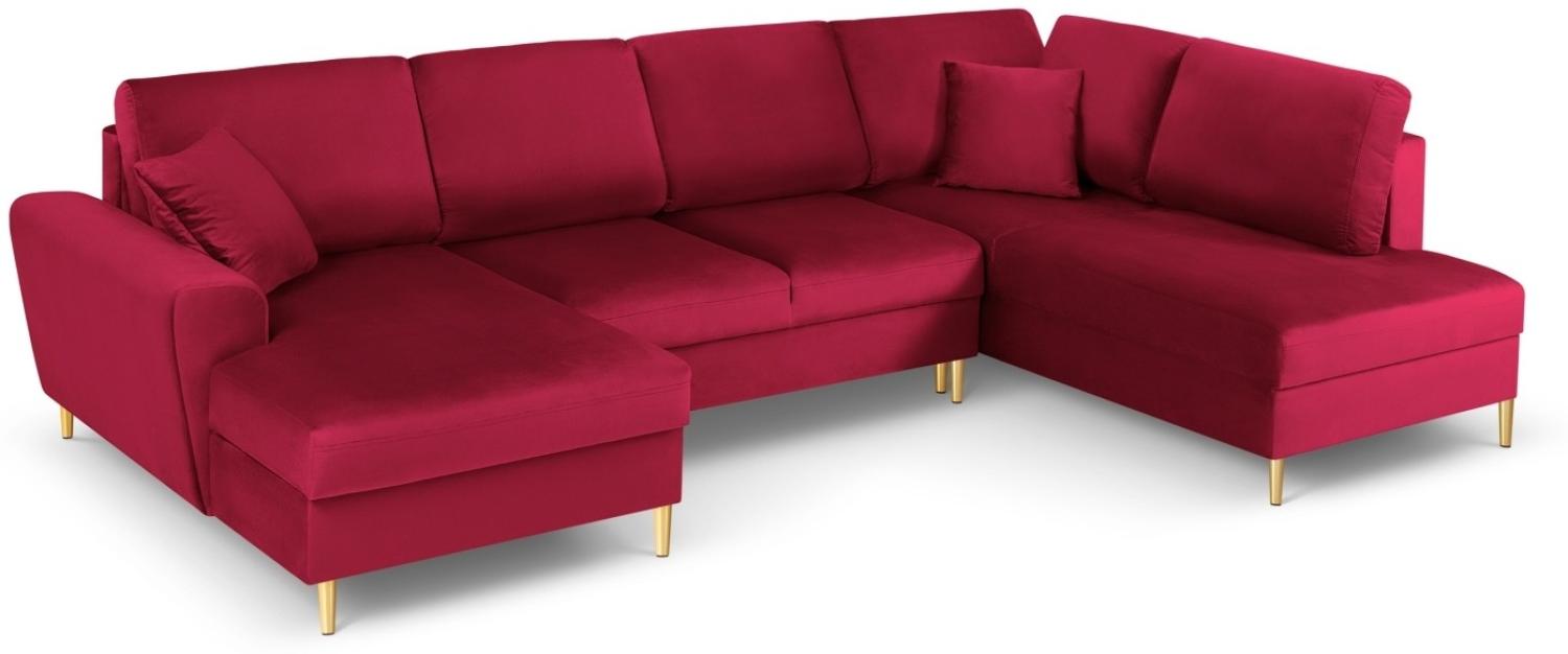 Micadoni 7-Sitzer Samtstoff Panorama Sofa Rechts mit Box und Schlaffunktion Moghan | Bezug Red | Beinfarbe Gold Metal Bild 1