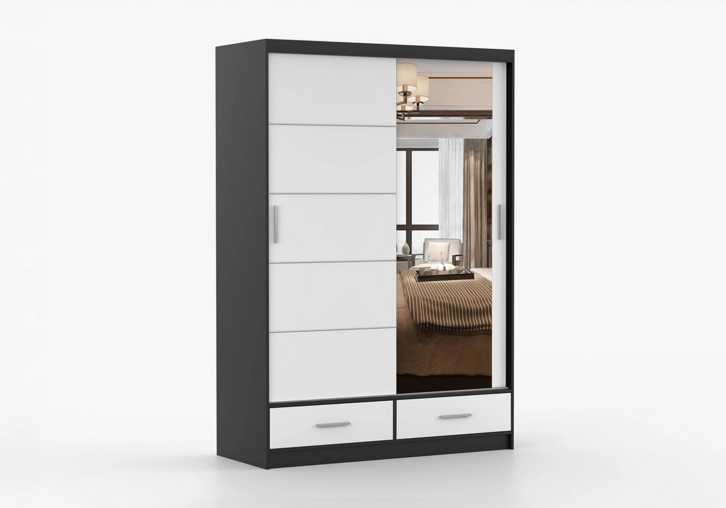 imoebel24 Schwebetürenschrank FLORENCE 150 cm - Schwarz / Weiss Bild 1