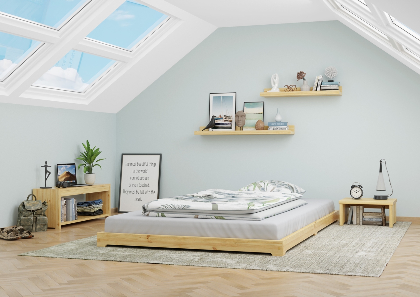 Überlanges Gästebett extra niedriges Holzbett 120x220 Kiefer klar lackiert V-60.47K-12-220Rollrost inkl. Bild 1