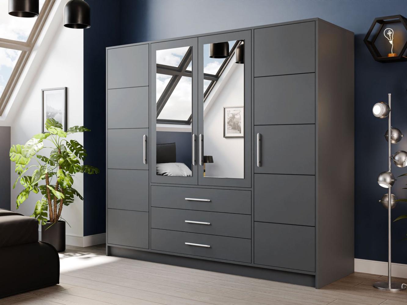 'Bado 4D' Kleiderschrank mit Schubladen und Spiegel, Laminatplatte grau, 200 x 58 x 195 cm Bild 1