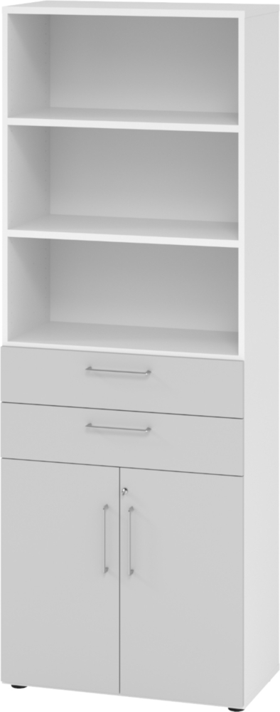 bümö Aktenregal & Schrank abschließbar, Büroschrank Regal & Schubladen Kombination Holz 80cm breit in Weiß/Asteiche - Schrank für's Büro & Arbeitszimmer, Büro Möbel Ordnerschrank, 968K2-W-5-BS Bild 1