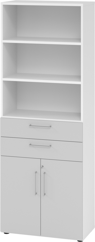 bümö Aktenregal & Schrank abschließbar, Büroschrank Regal & Schubladen Kombination Holz 80cm breit in Weiß/Asteiche - Schrank für's Büro & Arbeitszimmer, Büro Möbel Ordnerschrank, 968K2-W-5-BS Bild 1