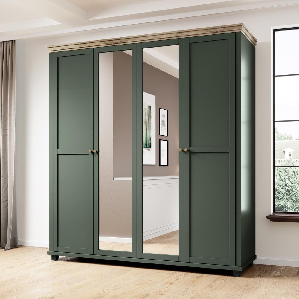 Kleiderschrank Landhausstil 200 cm breit EPSOM-83 mit 2 Spiegeln, 4 türig, in grün mit Lefkas Eiche Nb, B/H/T: ca. 200/216/62 cm Bild 1