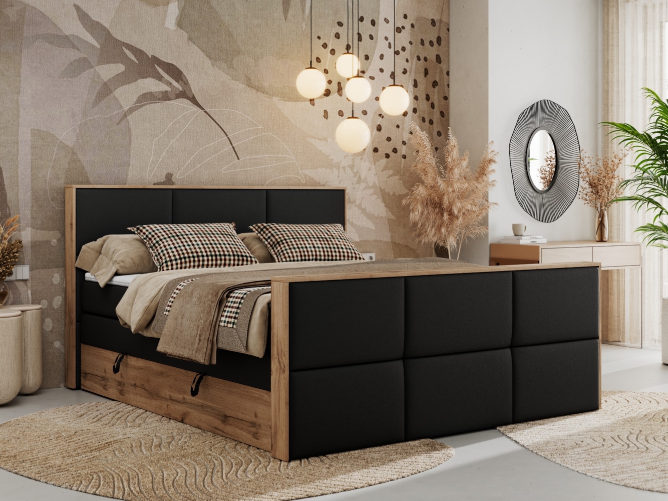 Doppelbett, Boxspringbett mit zwei Multipocket-Matratzen und ein Topper, Bettkästen, Eiche Wotan Holzrahmen, genähtes Kopfteil und Front - ALBERO 2 KING DUO - 180x200 cm - Schwarz Kunstleder - H3 Bild 1